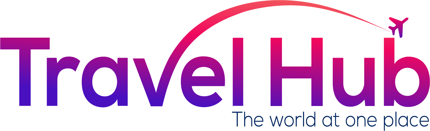 A travel hub logo that says the world or one place