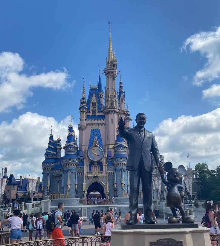 Cinderella Castle at Disney World with a statue in the foreground and visitors under a blue sky