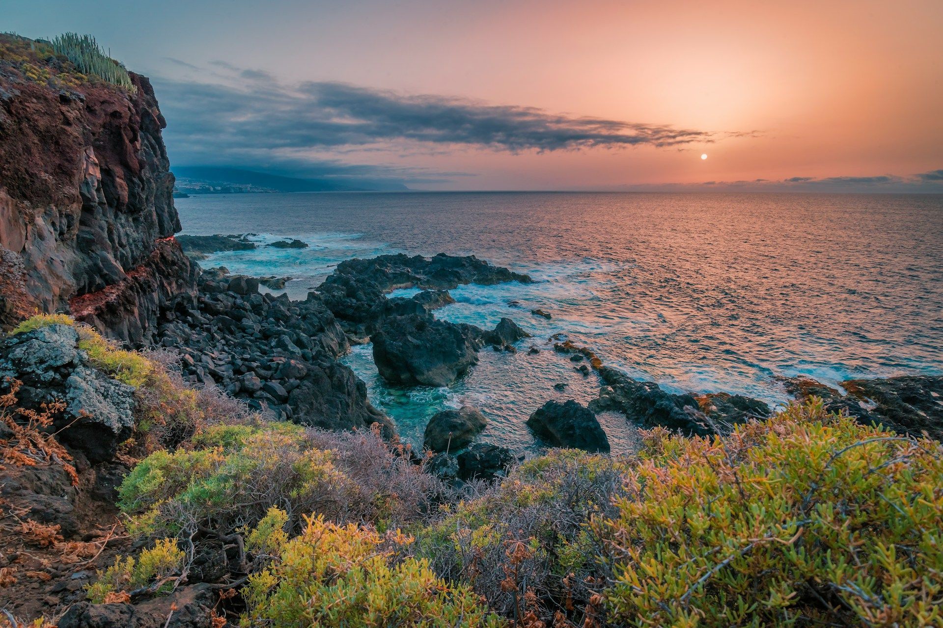 Coastal sunset with rocky shore and colorful shrubbery. Tenerife, Canary Islands
