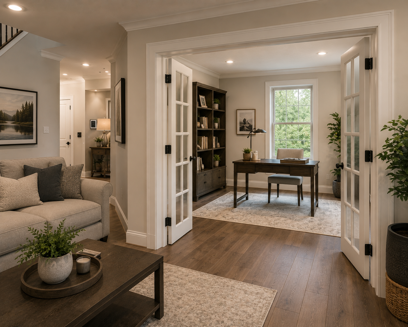Bright living room opening to a home office with a desk, bookshelves, and natural light through a window.