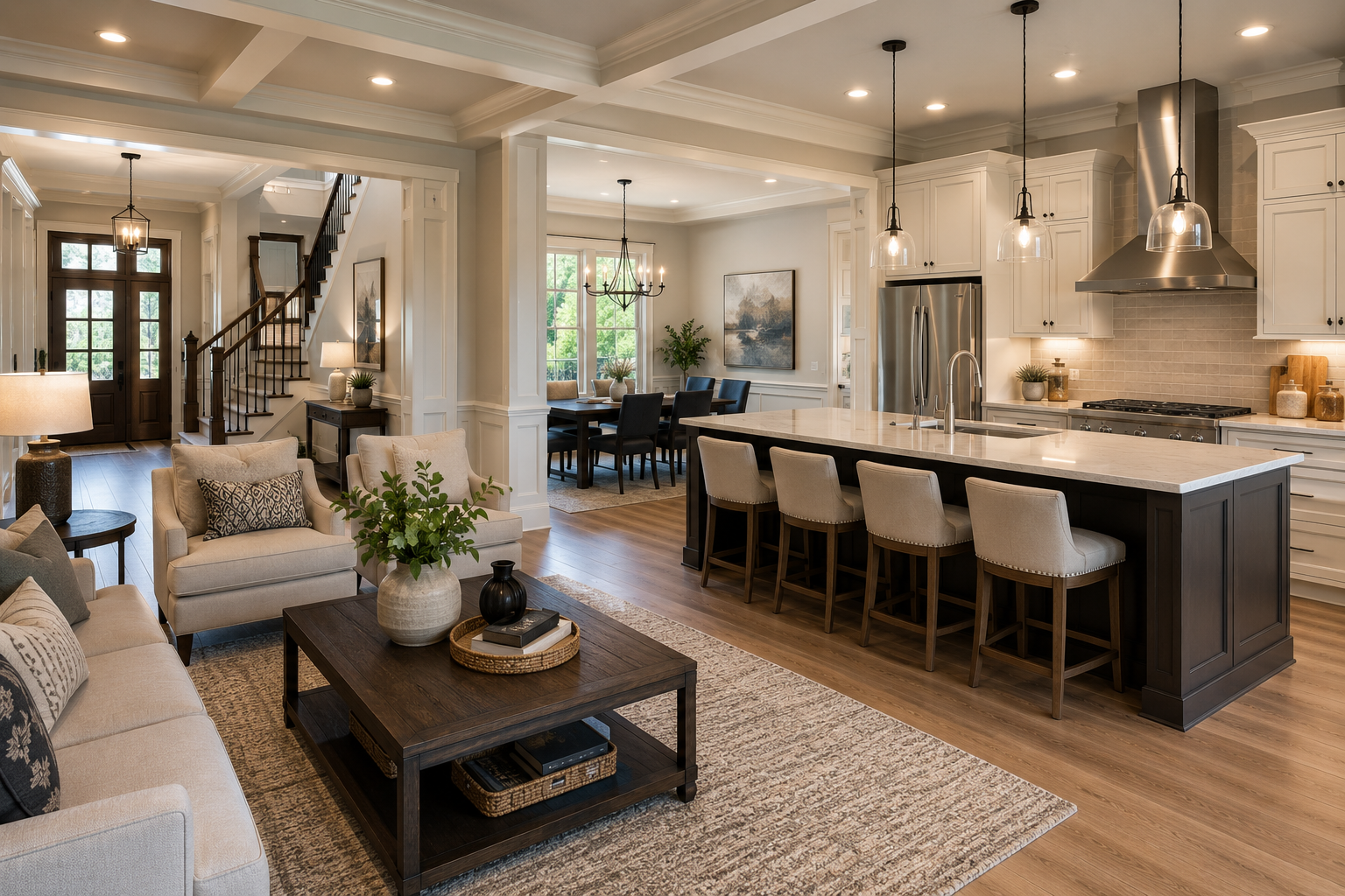 Bright modern kitchen and living room with island seating, beige sofa, and large windows