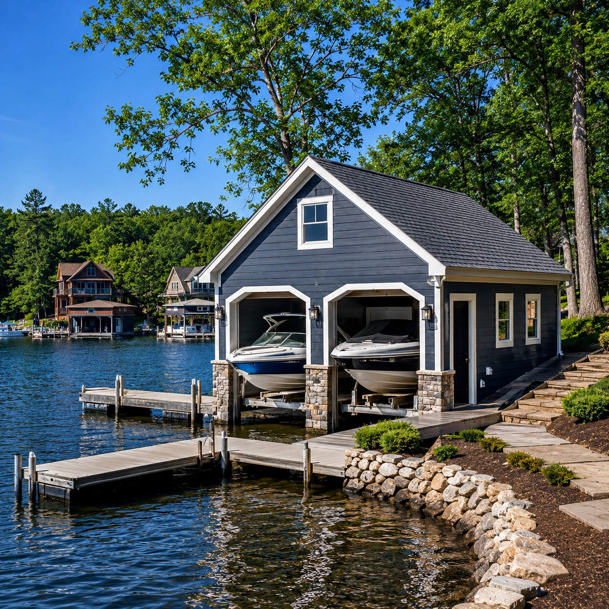 Gray boathouse with two boat lifts on a lake, beside docks, stone shore, and wooded homes in the background