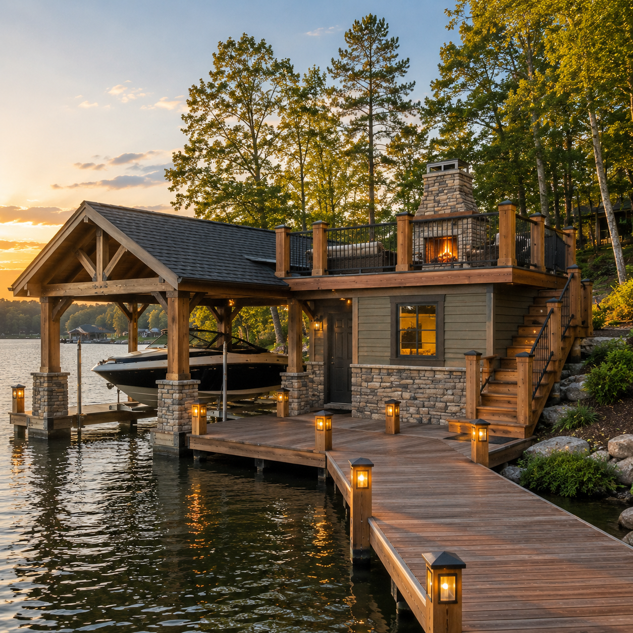 Lakefront wooden boathouse with dock lights at sunset, surrounded by pine trees and calm water.