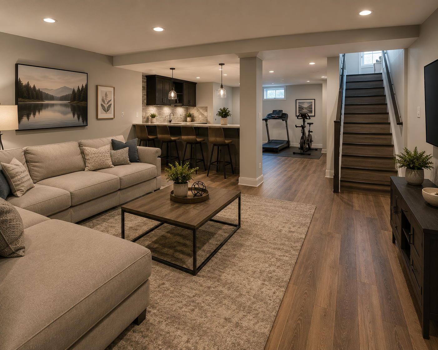 Modern open-plan living room with beige sectional, wood floors, kitchen bar, and staircase in the background