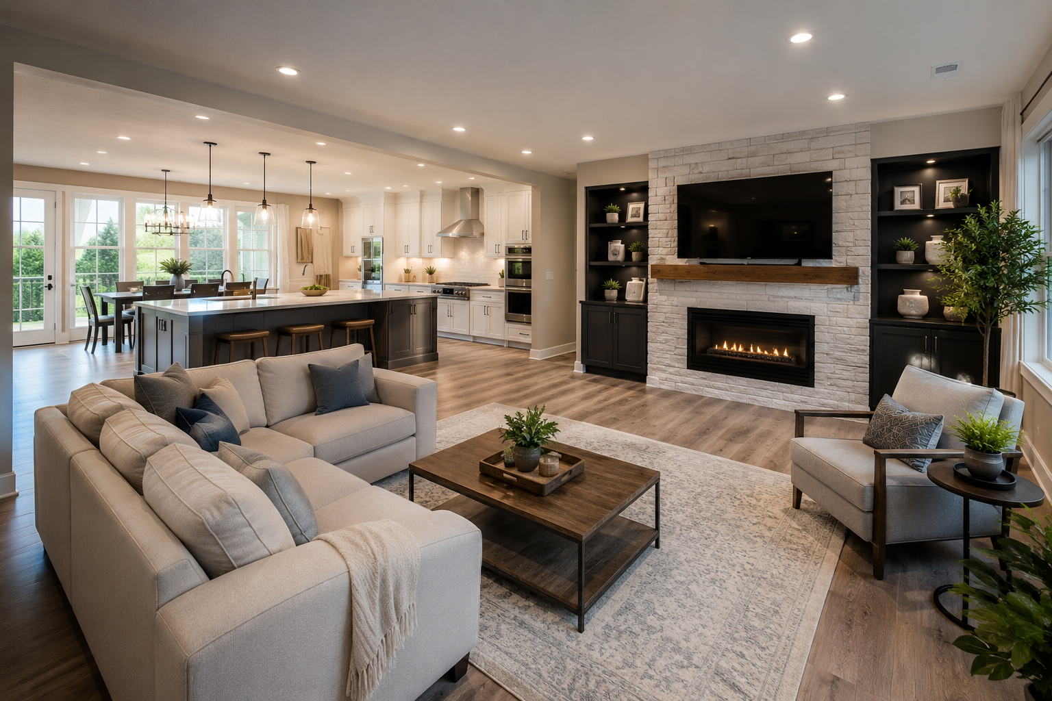 Modern open-concept living room with beige sectional, fireplace, and kitchen island in the background