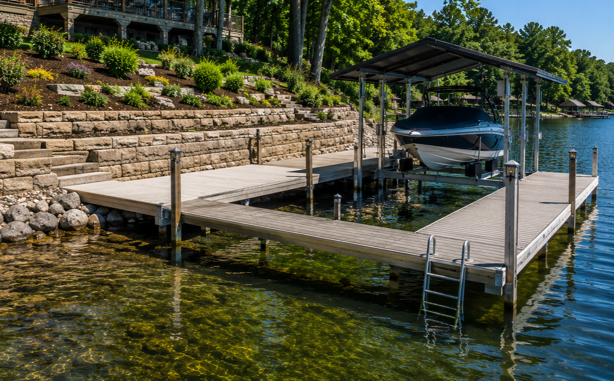 Covered boat dock on a calm lake beside a stone retaining wall and landscaped shore
