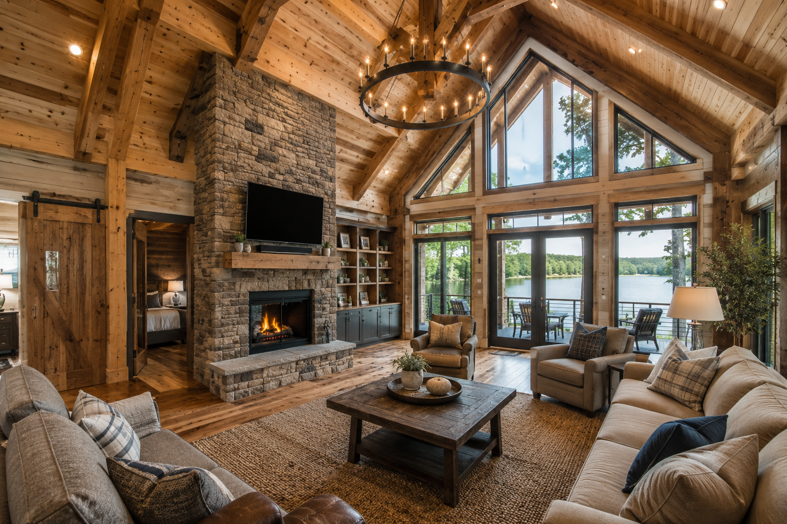Cozy vaulted living room with stone fireplace, large windows, wood beams, and beige seating