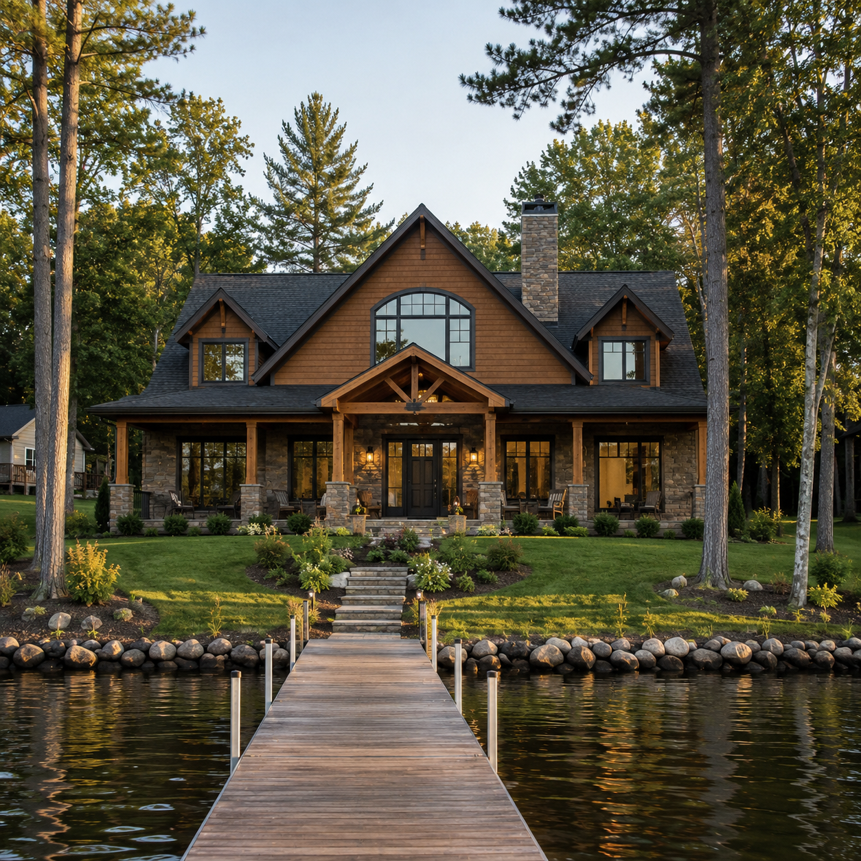 A rustic lakefront cabin with a wooden dock, stone steps, and pine trees at sunset.