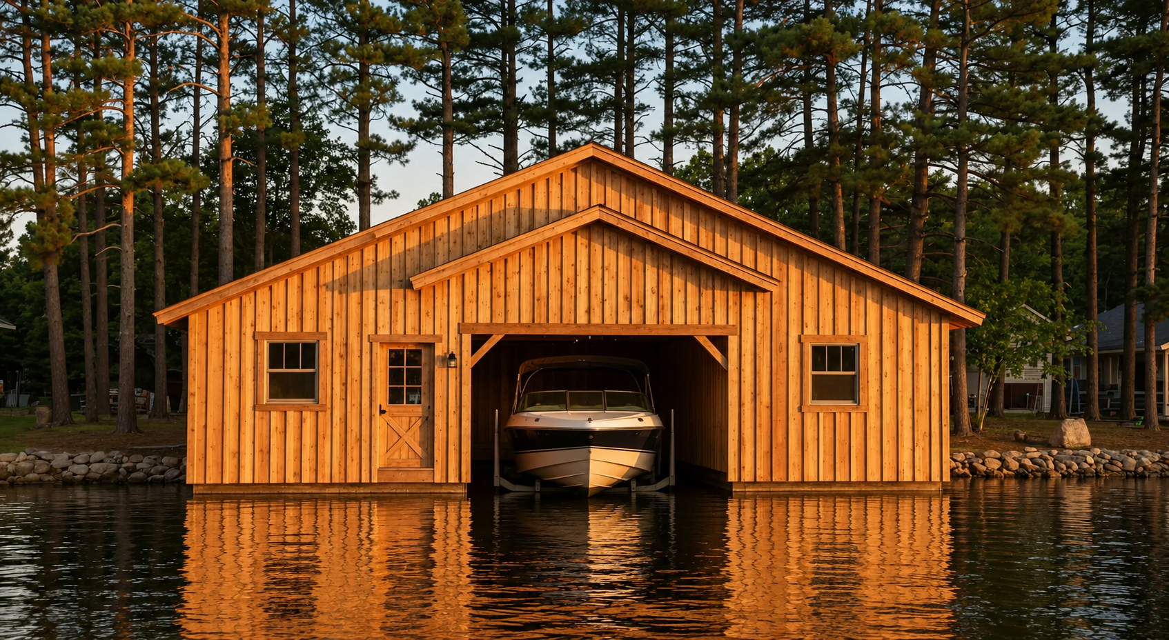 Wooden boathouse on a lake at sunset, with a boat inside and pine trees reflected in the water.