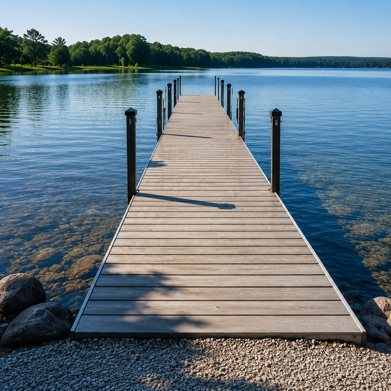 Wooden dock extending into a calm blue lake under a clear sky