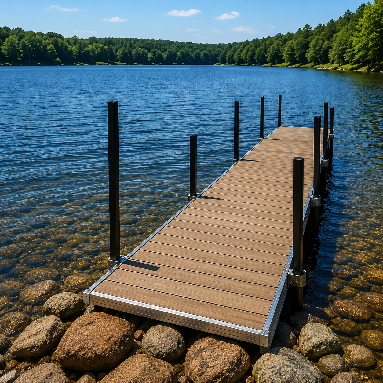 Wooden dock extending into a calm blue lake, with rocks in the foreground and forested shoreline beyond