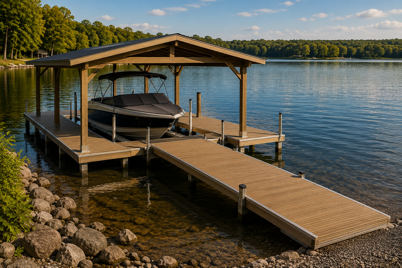 Covered boat dock with a ramp on a calm lake, trees along the shore in the background