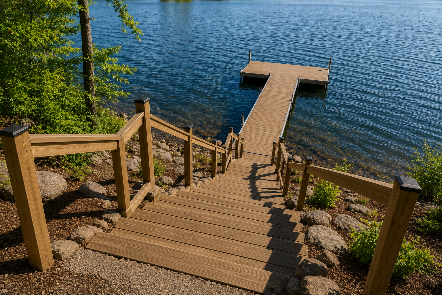 Wooden stairs leading down to a lakeside dock on a sunny day