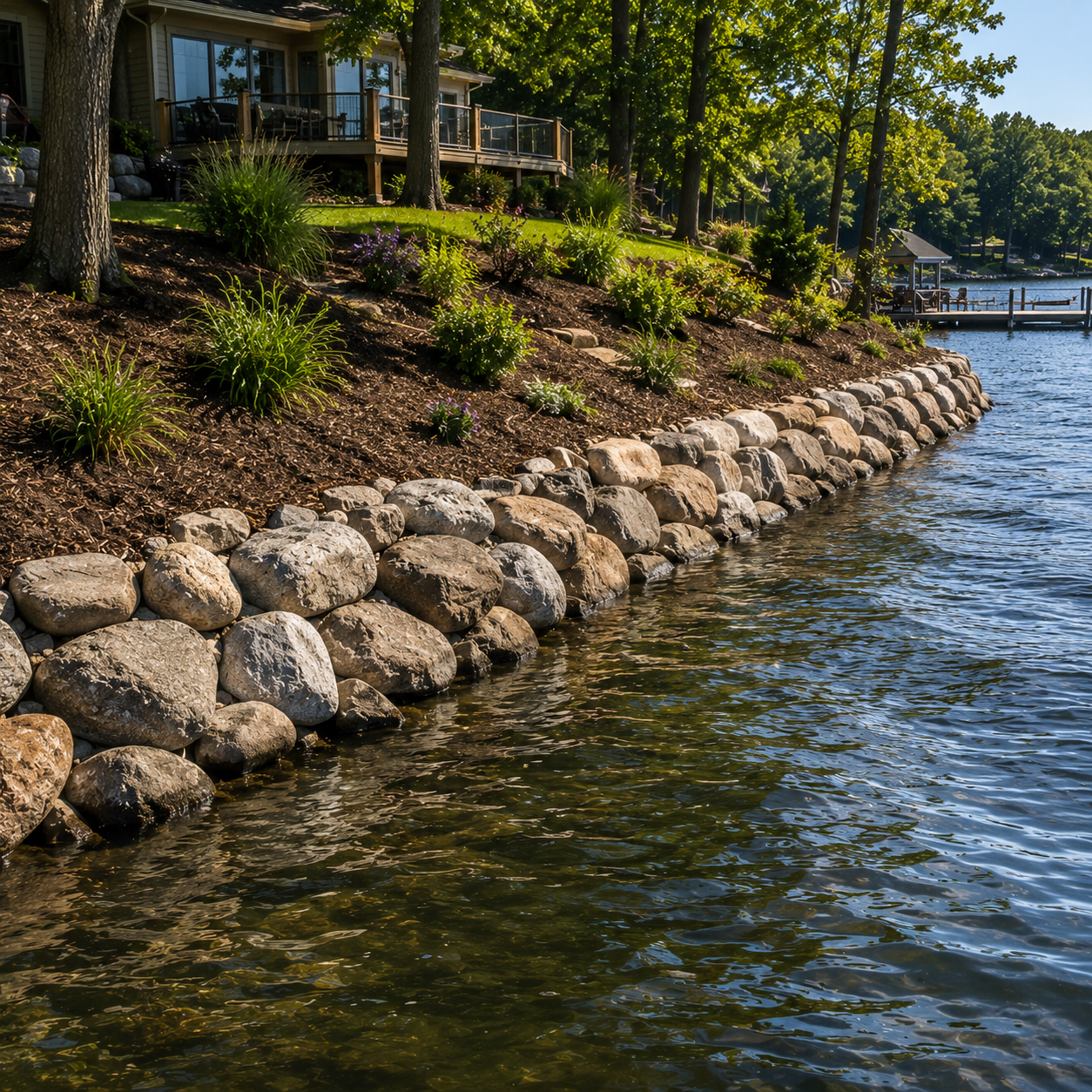 Rock-lined shoreline beside a wooded lakeside home, with calm water along the bank