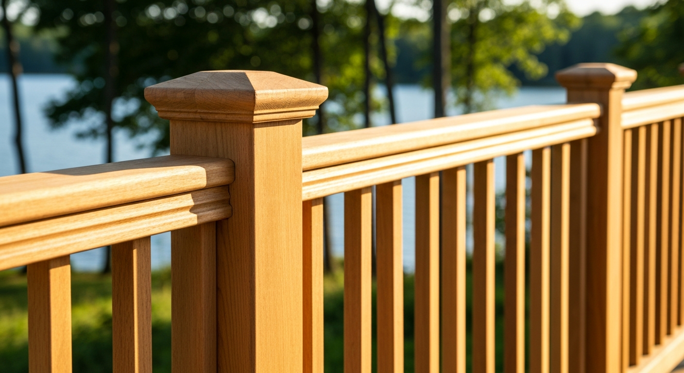 Wooden deck railing with tan posts and horizontal rails in sunlight, overlooking a blurred lake and trees