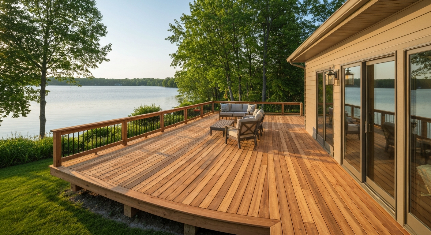 Wooden lakeside deck with patio furniture beside a house, surrounded by trees at sunset.
