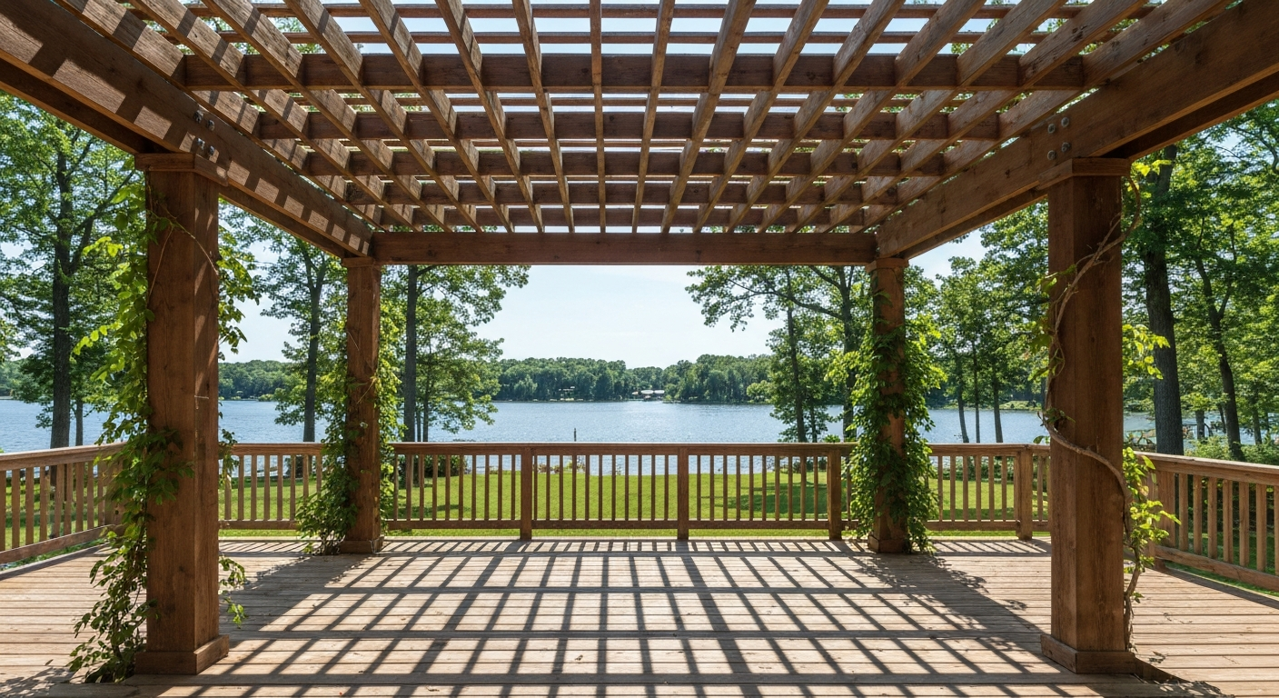 Wooden pergola overlooking a lake with trees and railing, casting lattice shadows on the patio.