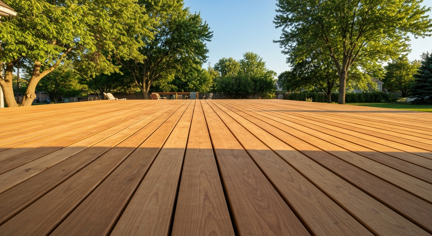 Wooden deck leading to a sunlit grassy park with trees in the background