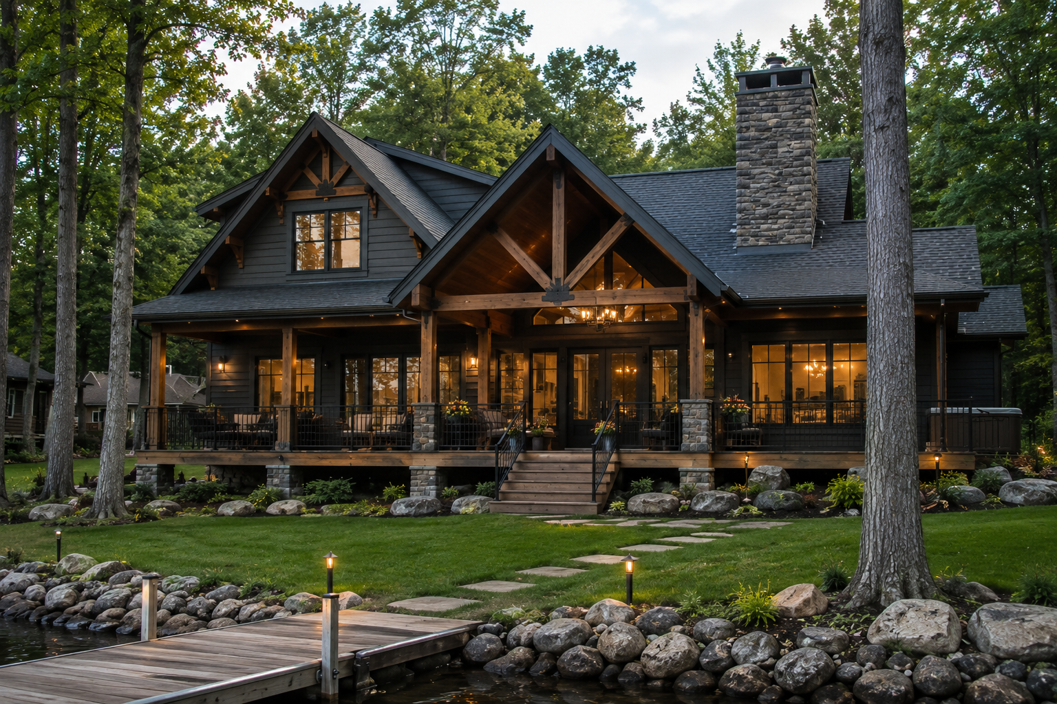 Rustic lakeside cabin with warm lights, stone chimney, and a wooden dock surrounded by trees