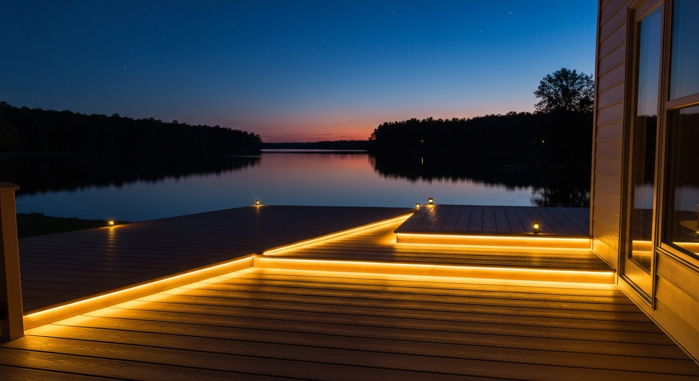 Wooden deck lit by warm lights overlooking a calm lake at dusk, with a lit modern house on the right