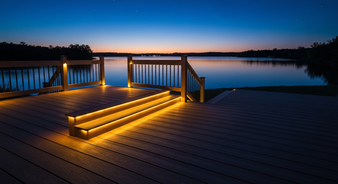 Wooden deck with glowing steps overlooking a calm lake at dusk under a blue sky