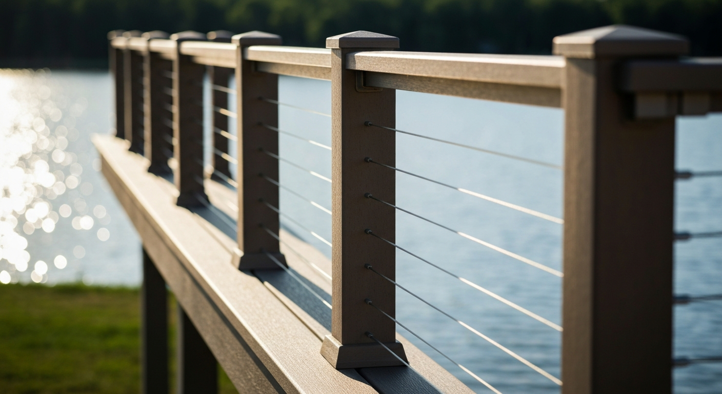 Wooden railing with cable panels along a waterfront walkway in sunlight