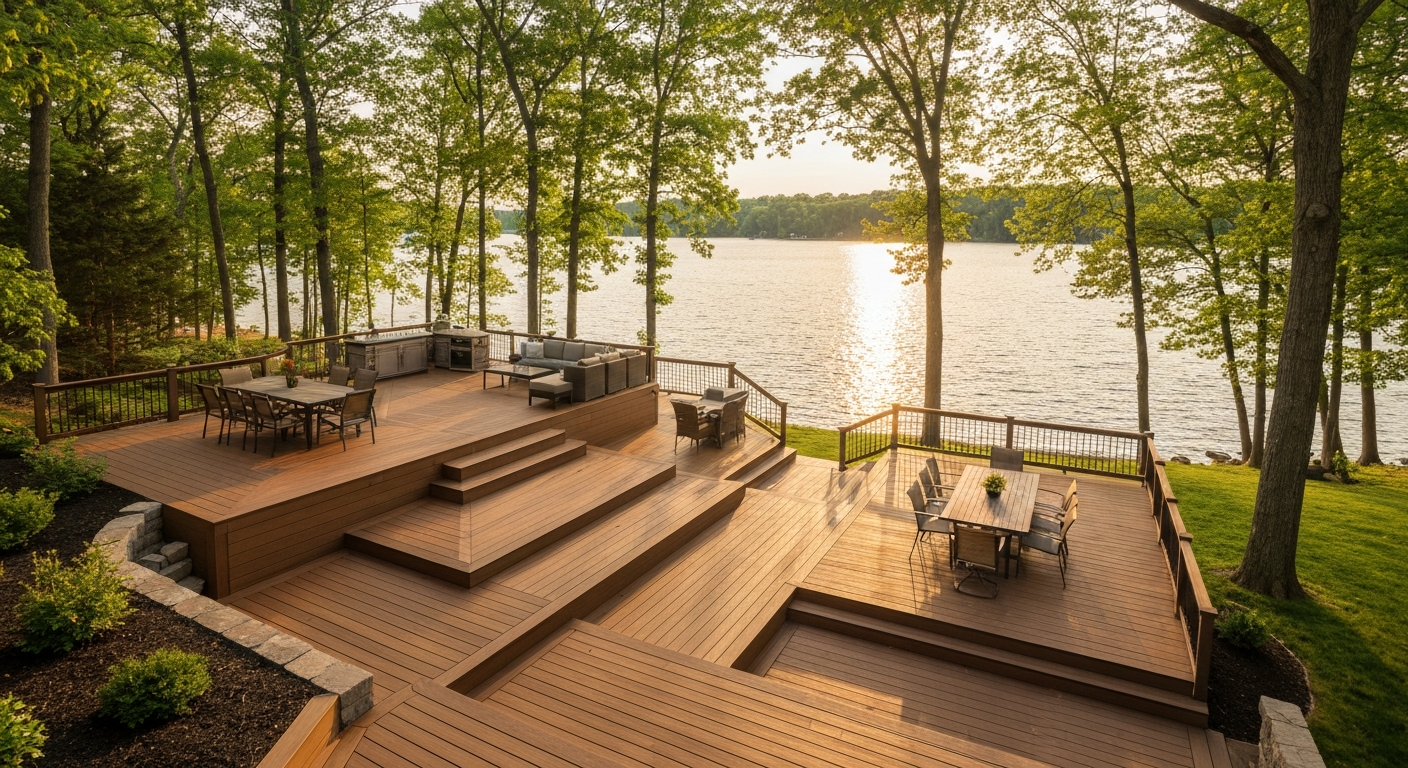 Wooden lakeside deck with stairs, tables, chairs, and trees overlooking calm water at sunset
