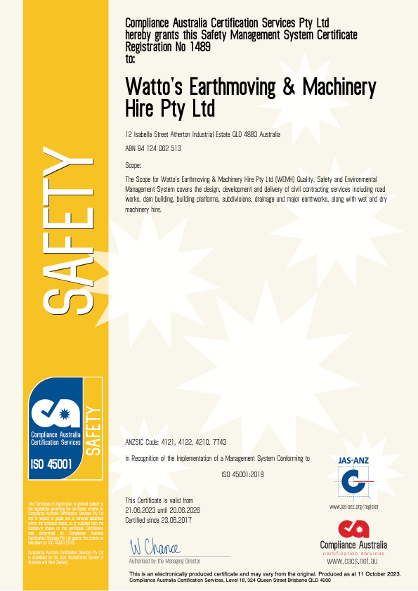 A Certificate for Watte 's Earthmoving and Machinery Hire PTY ITD - Watto's Earthmoving & Machinery Hire in Atherton, QLD