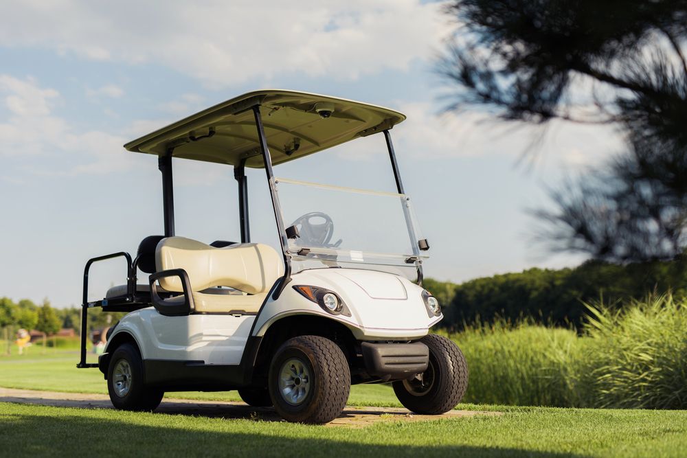 White Golf Cart Stands on a Stone Walkway — Golf Carts Top End in Winnellie, NT