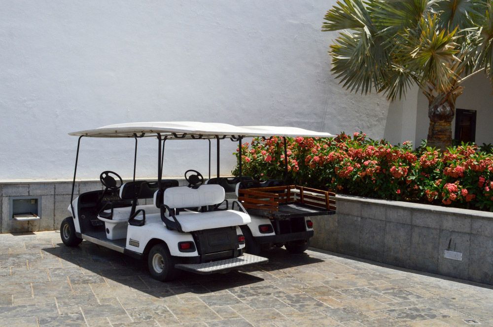 White Golf Cart Stands on a Stone Walkway — Golf Carts Top End in Winnellie, NT