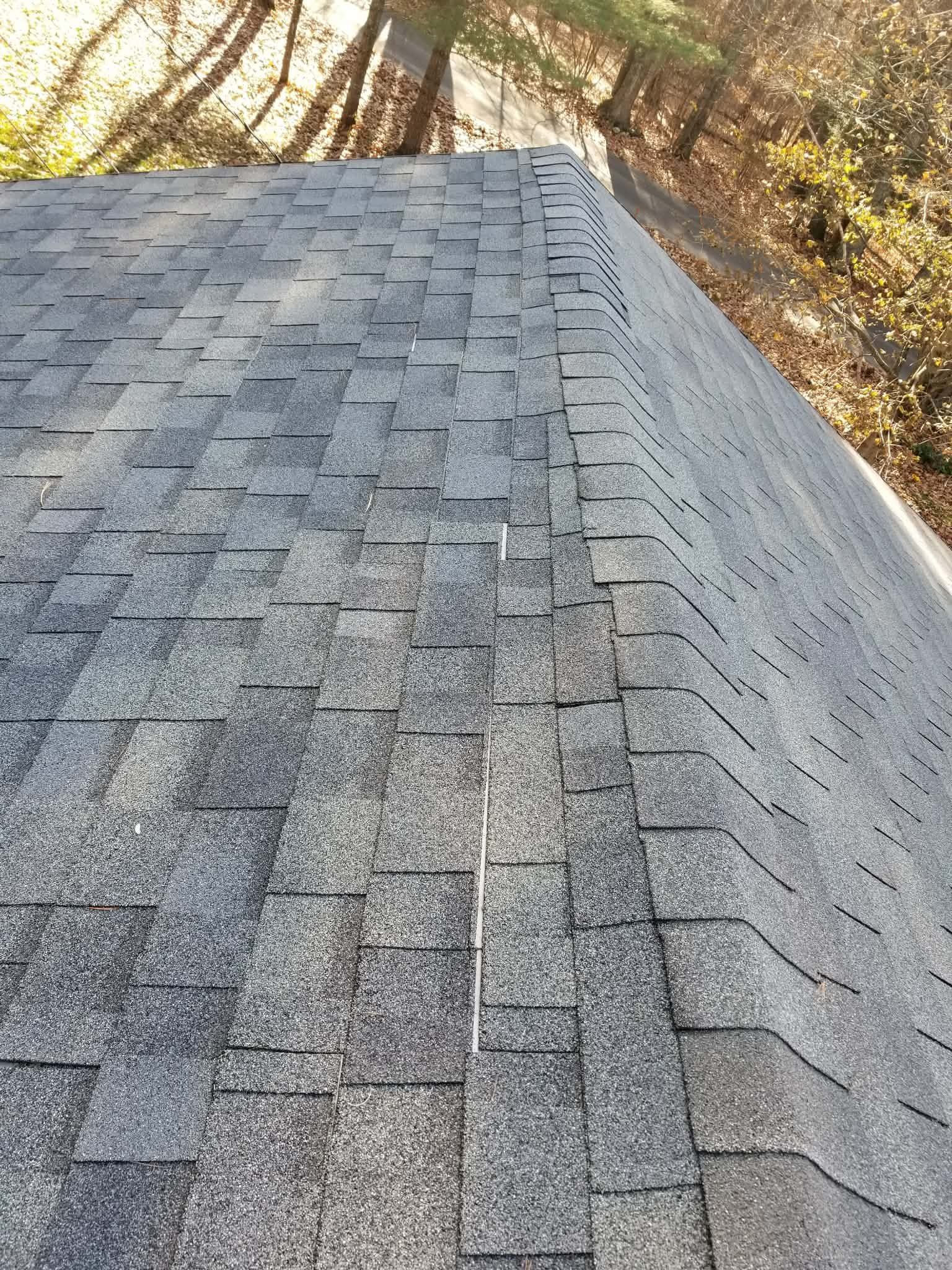 Gray shingle roof on a house, with trees and sunlight visible at the top edge.