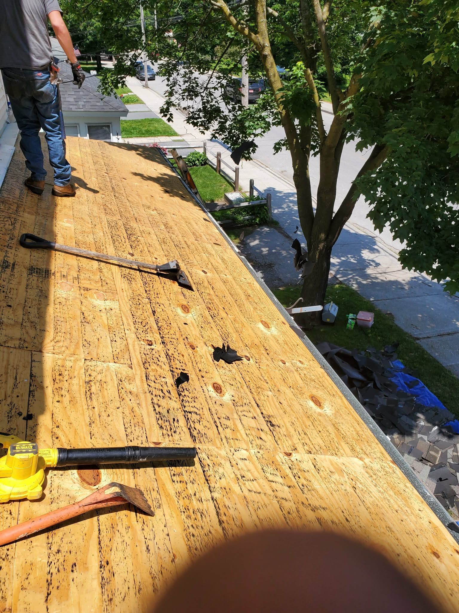 Roofing work on a wooden rooftop beside a tree, with tools scattered across the surface.