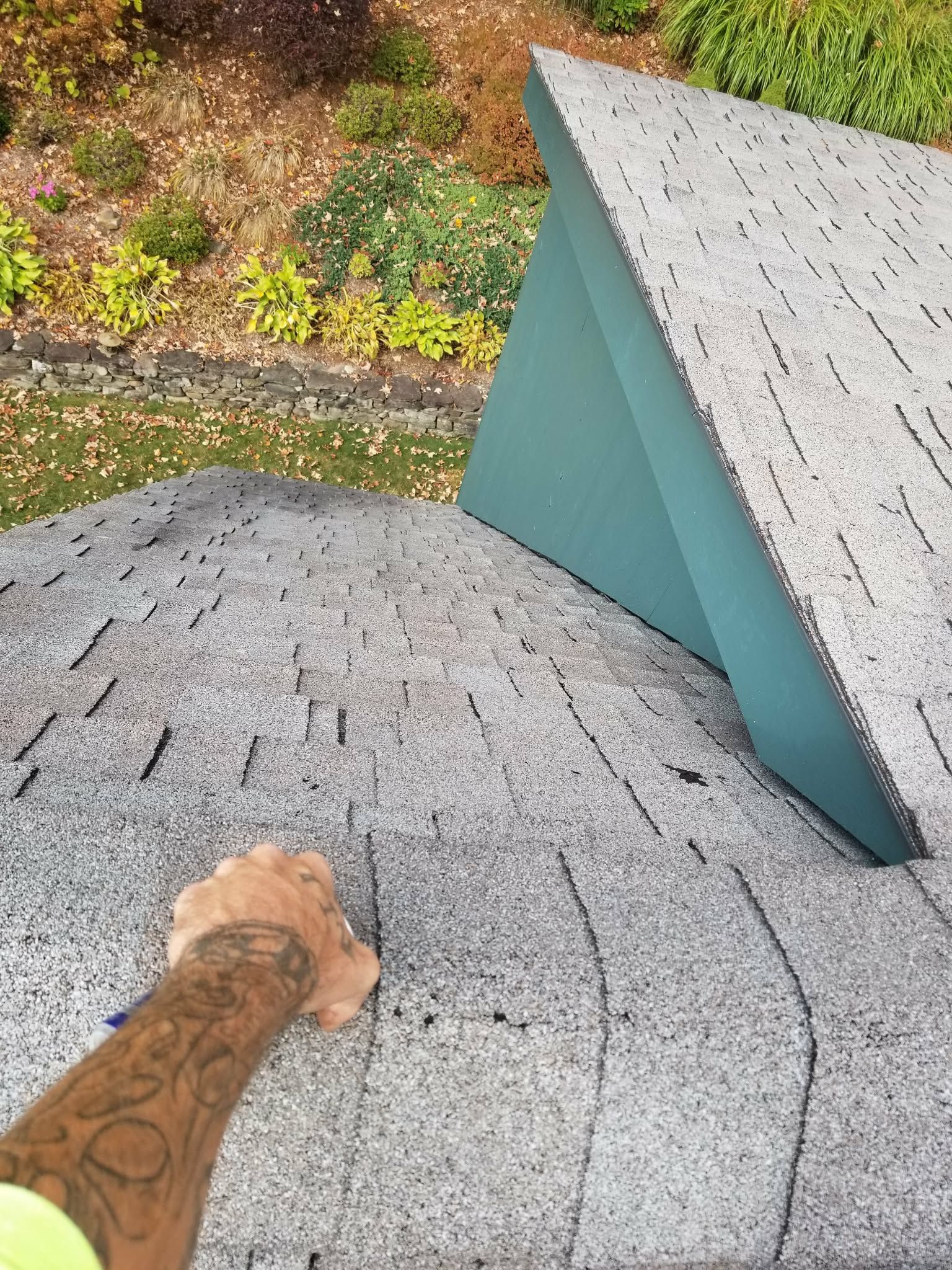 A tattooed hand rests on a gray shingled roof beside a teal dormer, with trees and a gravel path below.