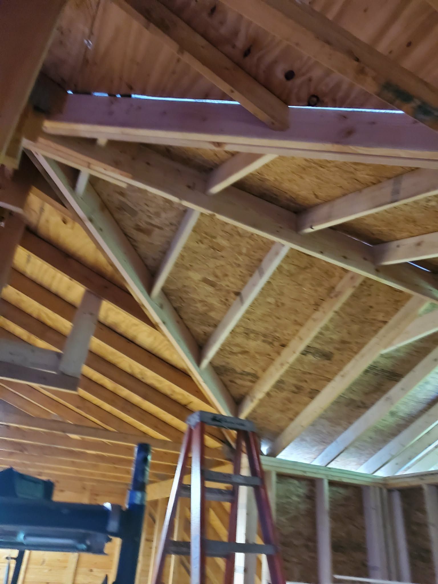 Wooden attic roof framing with exposed rafters, OSB sheathing, and a ladder below