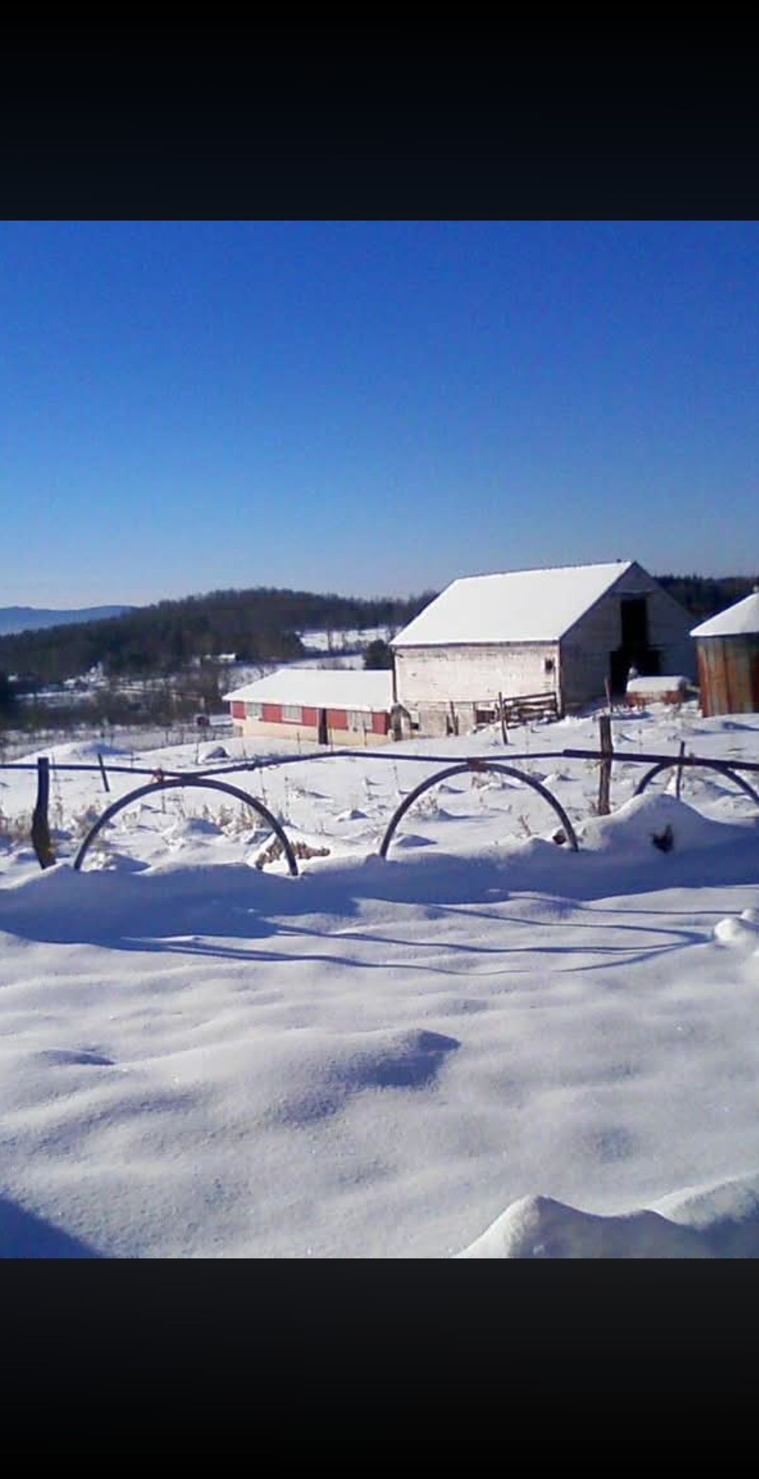 Snowy rural farm with a white barn, fence, and blue sky on a sunny winter day