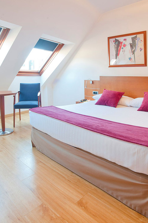 Bright bedroom with a bed, skylight windows, and light wood flooring