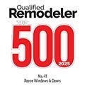 Qualified Remodeler 500 2025 logo with bold red “500” and “No. 1 Race and Revue of Contractors” text.