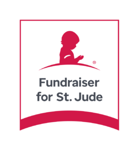 Red Fundraiser for St. Jude logo with a child silhouette and curved banner