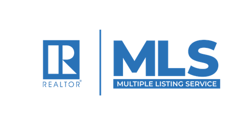 Logotipos de REALTOR y MLS en azul y blanco con el texto