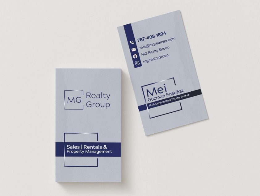 Business card mockups with logo in navy, gold, and white; logo design, color palette included.