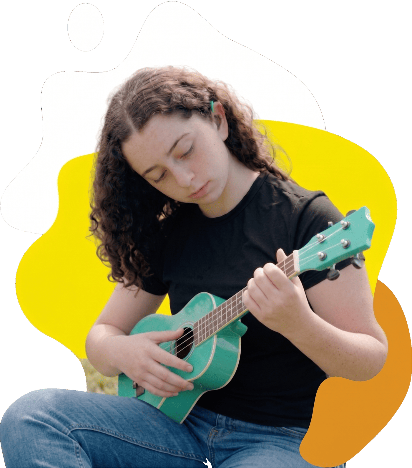 A girl wearing a hearing aid playing a ukulele