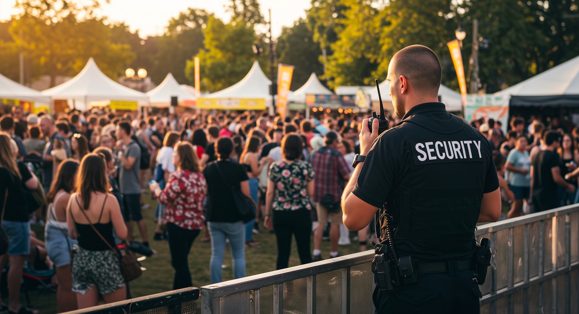 Security guard overlooking a crowd at an outdoor event, lit by golden hour sunlight.