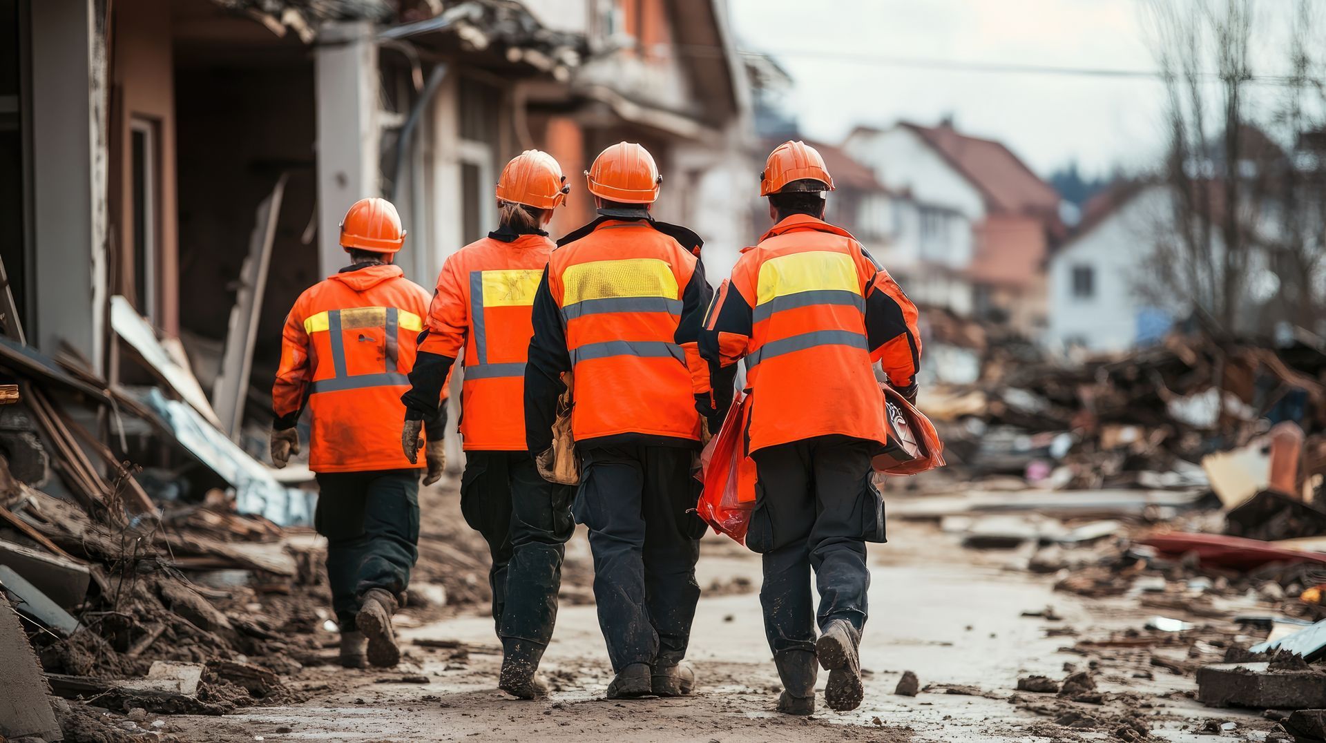 Four rescue workers in orange vests walking through debris-filled street after disaster.