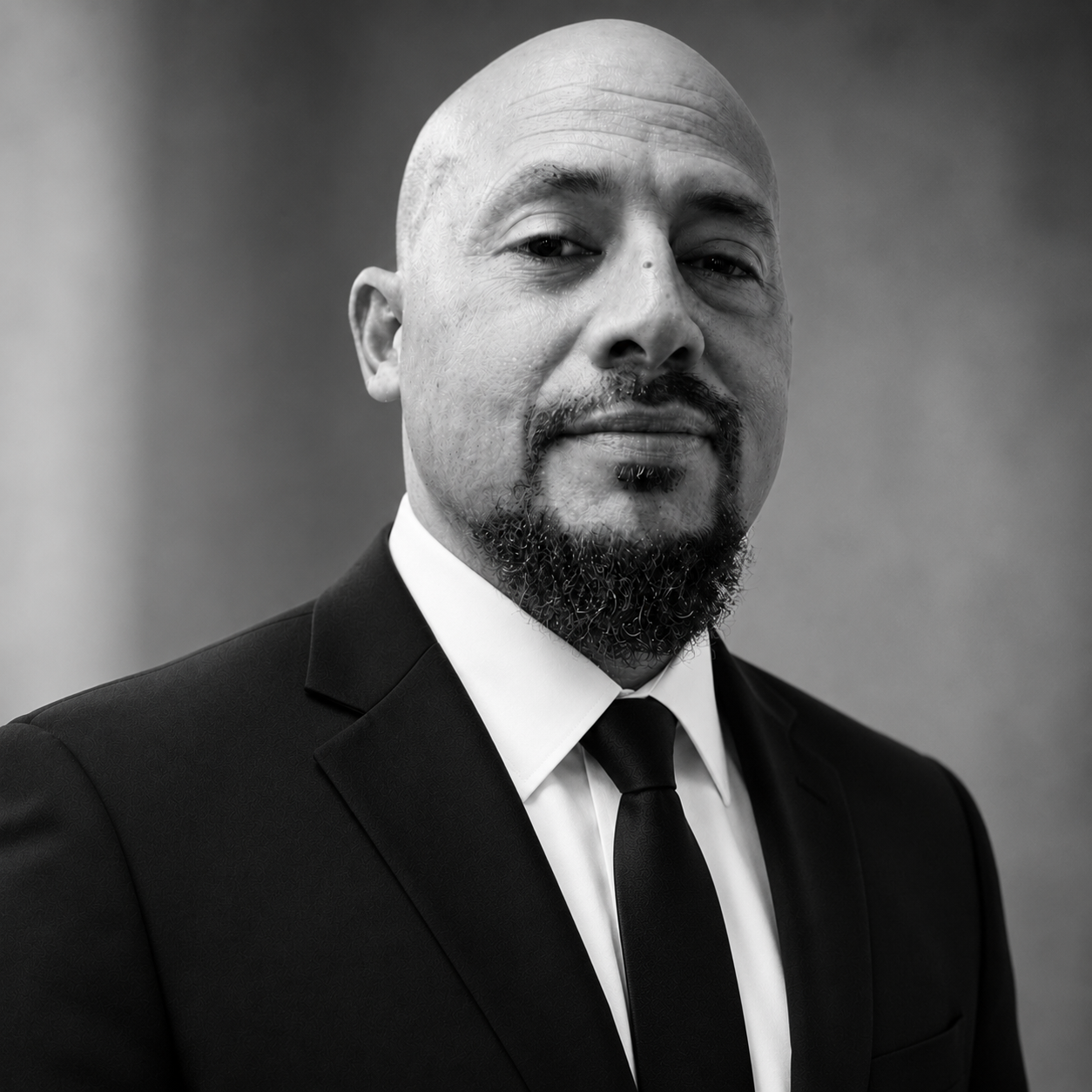 Man with a graying beard and short hair, wearing a suit and tie, looking forward, studio portrait.