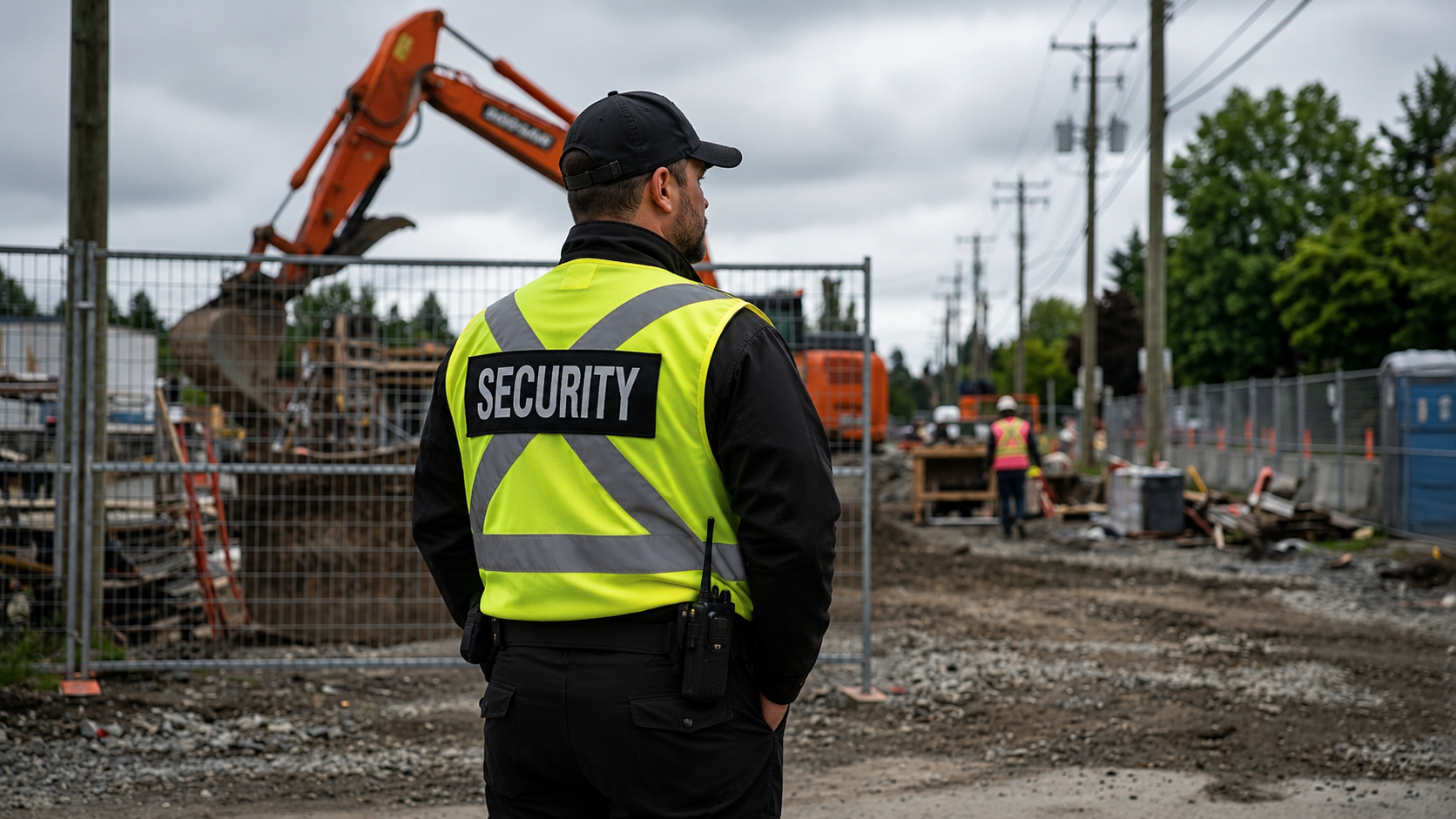 Security guard overlooking a crowd at an outdoor event, lit by golden hour sunlight.