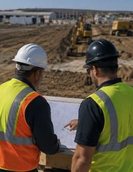 Two construction workers in hard hats reviewing blueprints at a roadwork site with heavy machinery.