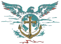 Eagle with outstretched wings above a globe, cross, anchor, and blue background.