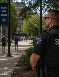 Campus security officer watching people walk by near a school building and sign