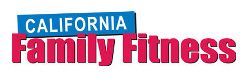 The logo for california family fitness is red and blue.