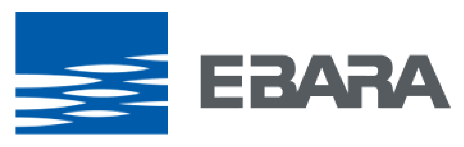 A logo for ebara with a blue square on a white background